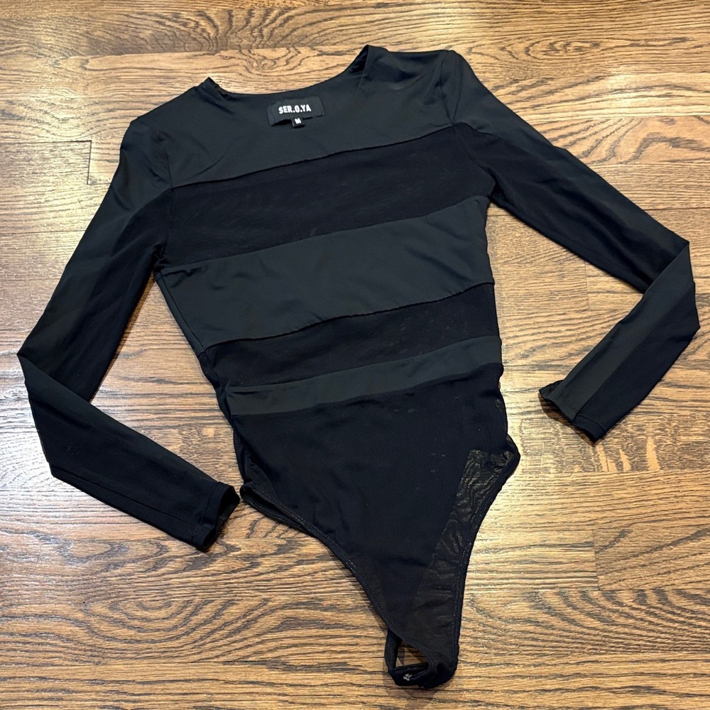 SER.O.YA women’s sheer mesh long sleeve bodysuit, M, black